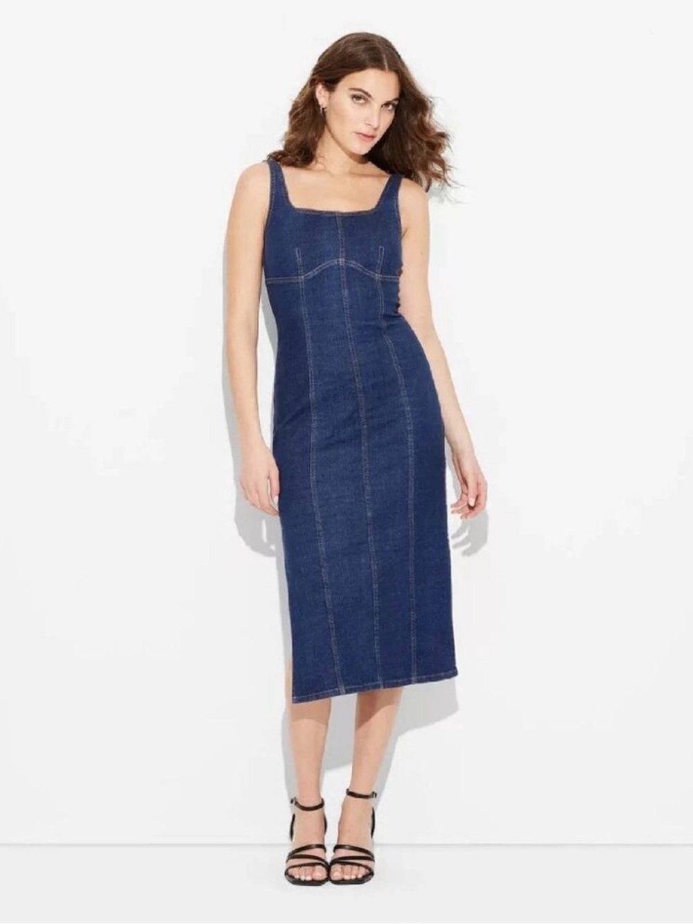 Wild Fable Dark Blue Denim Square-Neck Midi Dress